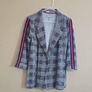 Zara Black and White Plaid Blazer with Red Striped Sleeves